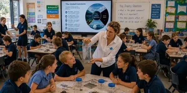 Ten Little Pieces classroom session — students learning about the global commons and plastic pollution